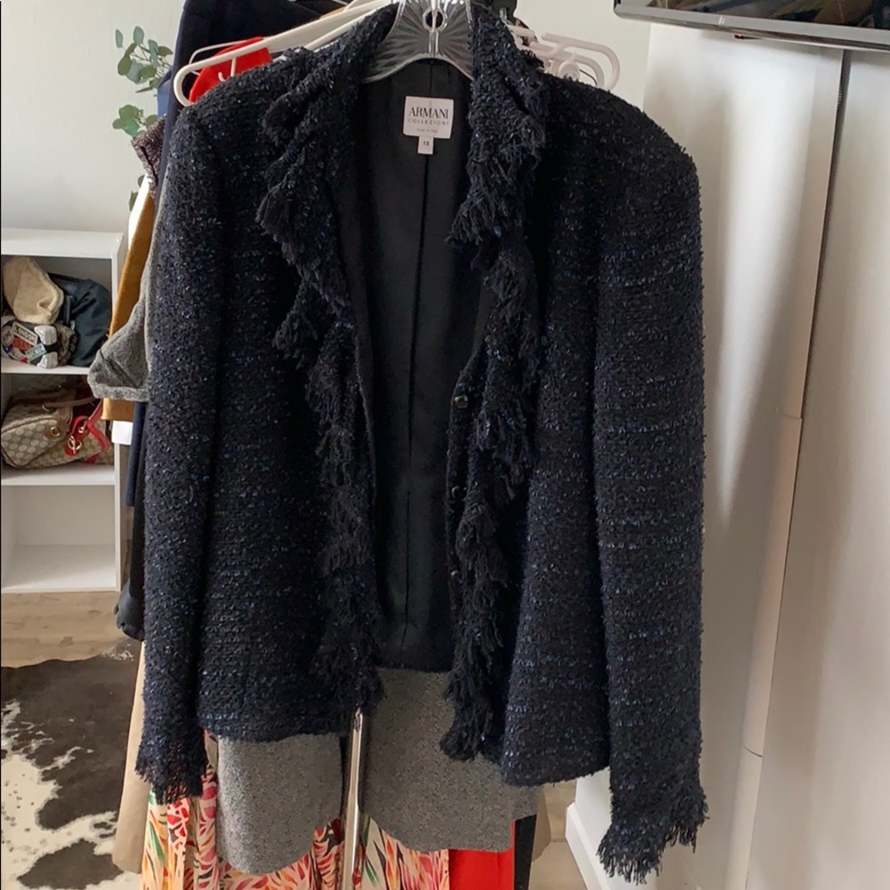 ARMANI Collezioni navy tweed ruffled jacket